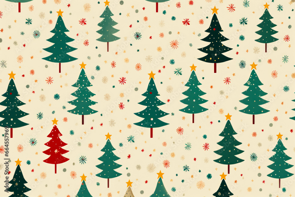 Christmas tree pattern with stars and snowflakes on white background.