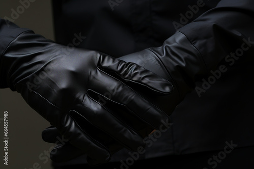 Person wearing black gloves and black jacket with black background. photo