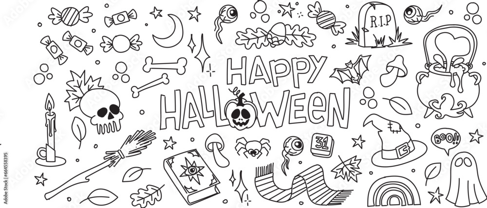 Doodle happy Halloween. Coloring board for kids. Doodle for kids.Vector illustrations isolated on a white background.