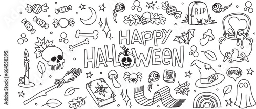 Doodle happy Halloween. Coloring board for kids. Doodle for kids.Vector illustrations isolated on a white background.