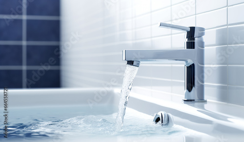Water flows from a water tap into a large modern bathtub against a white blue mosaic wall. water tap pouring hot water in a bath tub with steam photo