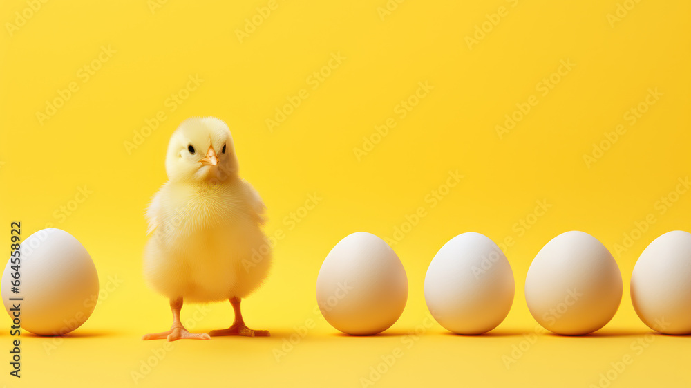 Small Chicken with Eggs on Yellow Background Small Chicken with Eggs on Yellow Background