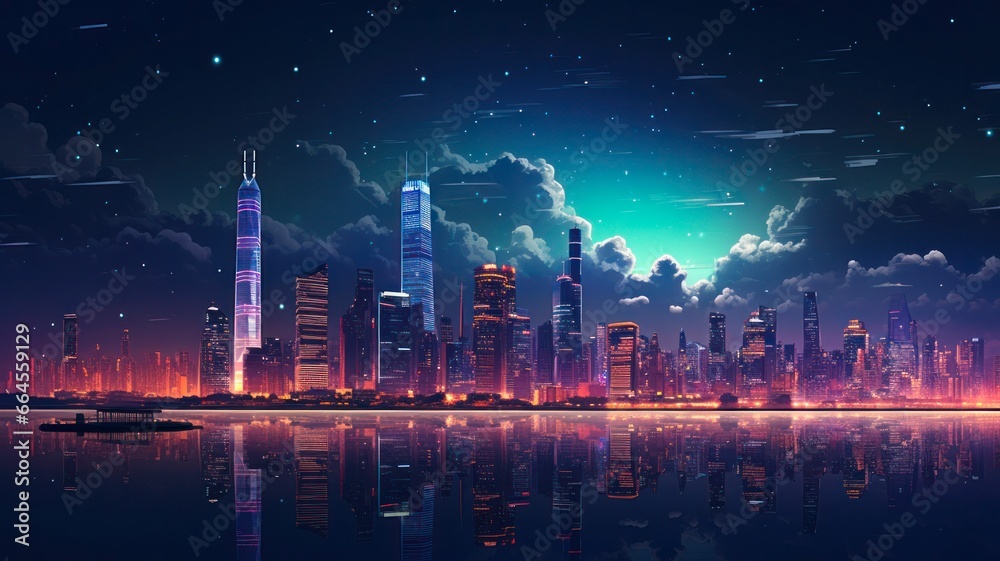 Pixelated Night Skyline: A Cartoon Illustration of a Modern City with Skyscrapers