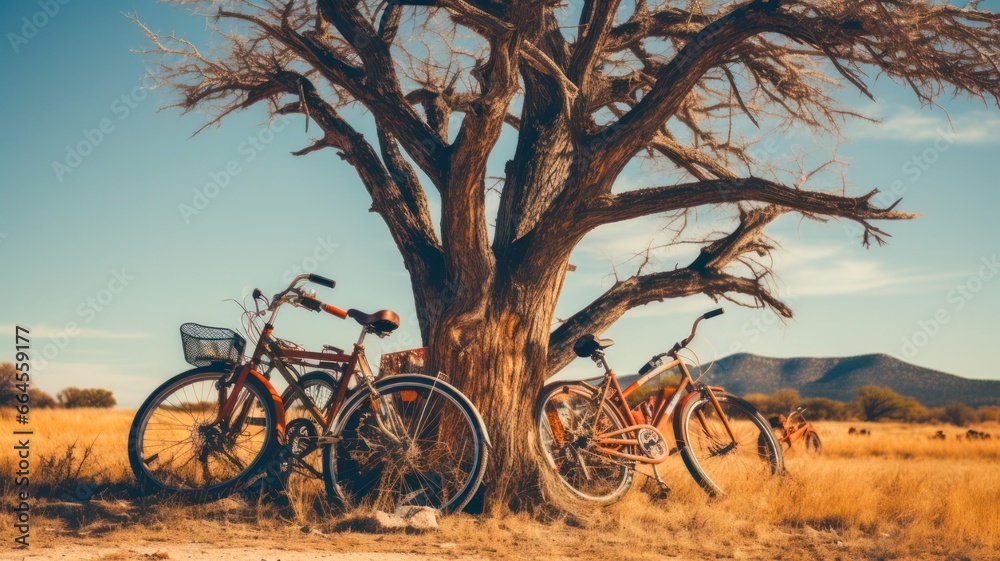 Naklejka premium Quirky Scene in West Texas: Bicycles Playfully Perched in a Tree in Alpine