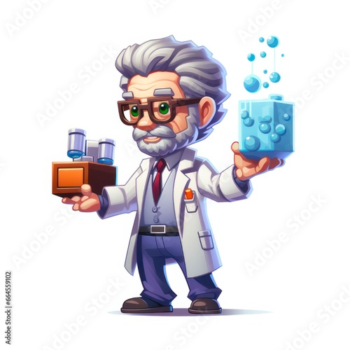 Pixelated Genius: 8 Bit Cartoon Scientist Crafting Inventions on a White Background