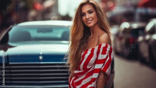 Patriotic American Flag Car Wrap with Cheerful Girl Standing Near Red Vehicle