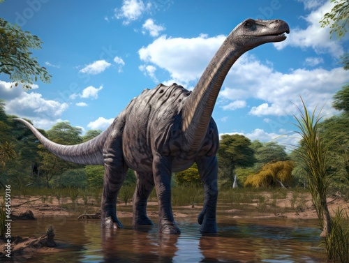 Prehistoric Sauropod Dinosaur and Giraffe in a Wetland: 3D Rendered Animal and Wildlife Image for Nature and Safari Lovers © Sandris_ua