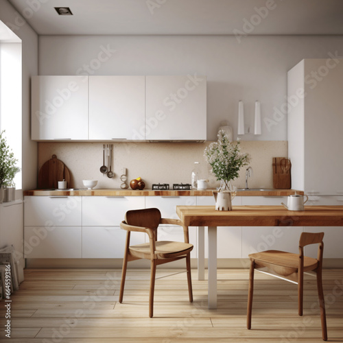 Minimalistische Küche im modernen Stil mit einem Holzstuhl und einer Holzplatte in heller Optik © Marc