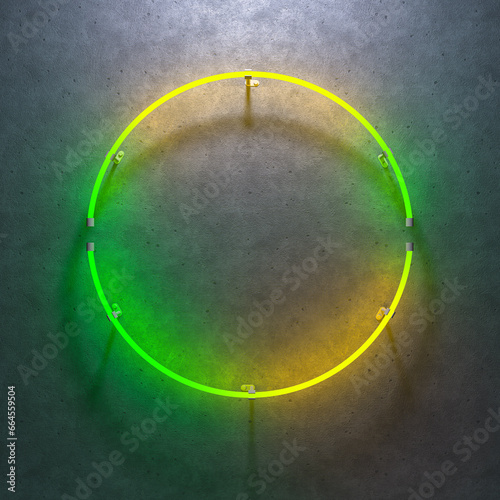 Multicolored glowing neon circle on a concrete background. Semicircular neon light tubes green to yellow glow. 3d illustration.