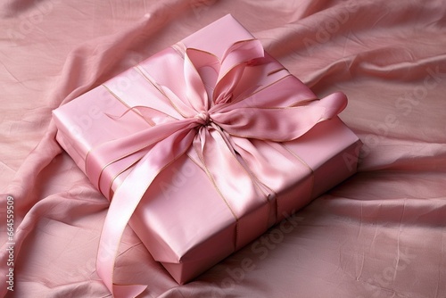 pink silk ribbon wrapped present. Generative AI