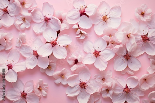 Lovely blossoms on a soft pink surface. Overhead perspective. Delicately arranged. Generative AI