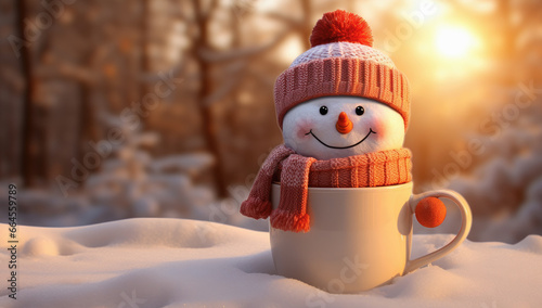 muñeco de nieve con bufanda y gorro de lana roja en el interior de una taza blanca de cafe, sobre fondo de bosque nevado con sol de atardecer photo