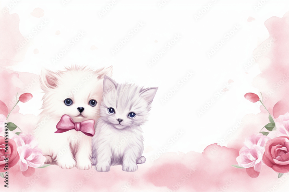 Fototapeta St. Valentine's Day card background frame, Watercolor illustration with white part, clipart for greeting cards, save the date, stationery design 