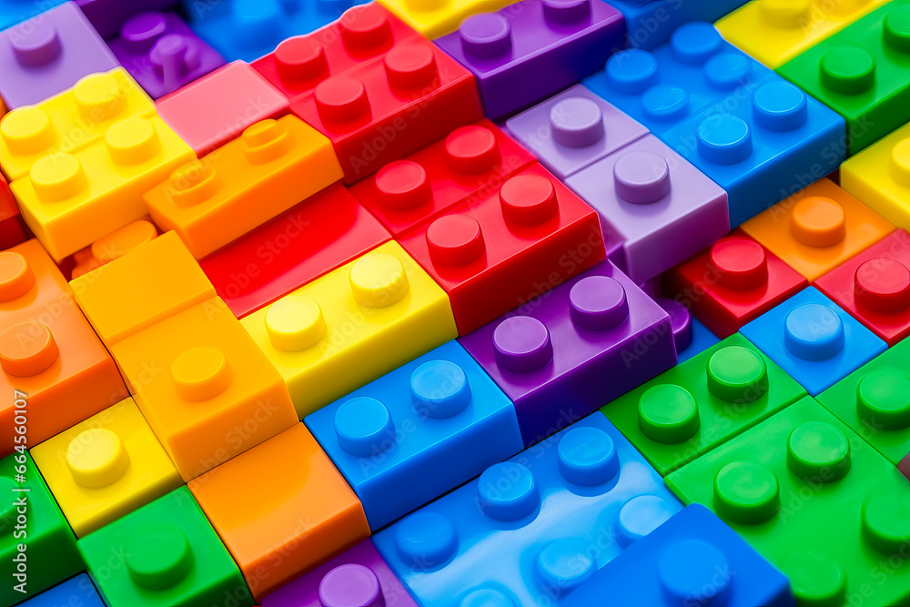 Close up of multi colored lego block pattern with black background. - obrazy, fototapety, plakaty 