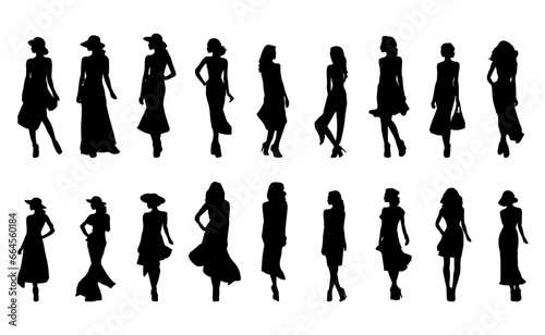 Attractive Woman fashion model in various poses silhouettes isolated vector collection