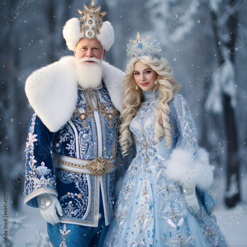 Ded Moroz and Snegurochka smiling, Santa Claus and granddaughter Snow Maiden, precious embroidery on clothes, hyper-detailing, ornaments on clothes, gold embroidery. Kakoshnik on the Snow Maiden photo