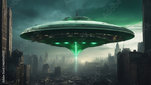 ufo over the desolate city in an evil future,  A dystopian future where a massive alien ship hovers over a devastated city, emitting a strange light
