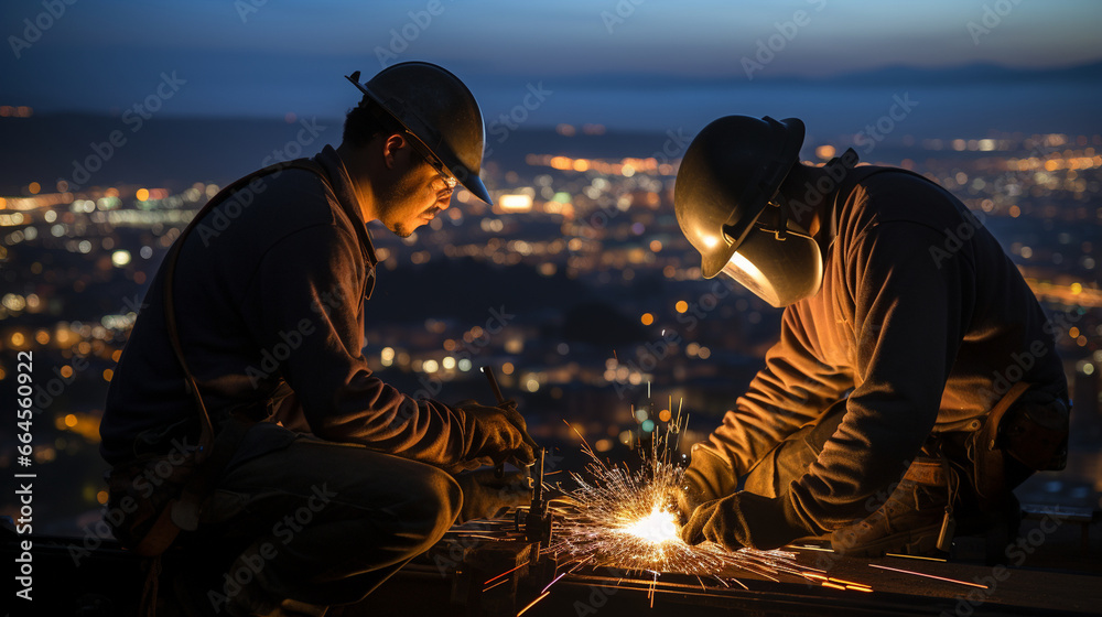 Fototapeta premium A dramatic twilight image of welders creating sparks high above the city while working on a bridge construction project