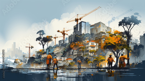 A beautiful collage of construction workers and heavy machinery surrounded by a lush urban landscape, illustrating the fusion of nature and development