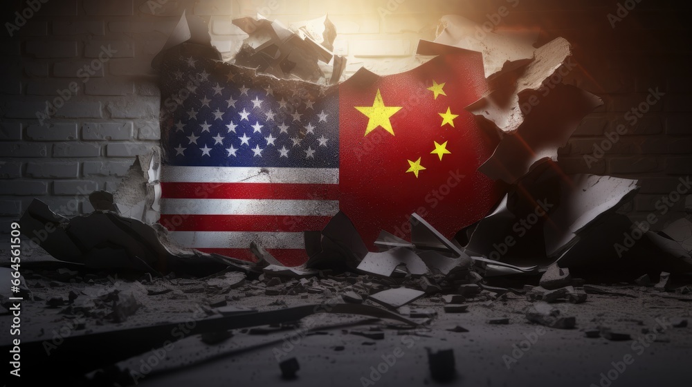 Tension in Symbols - The Flags of USA and China on a Cracked Background, Signifying the Diplomatic Crisis Between Washington and Beijing - obrazy, fototapety, plakaty 