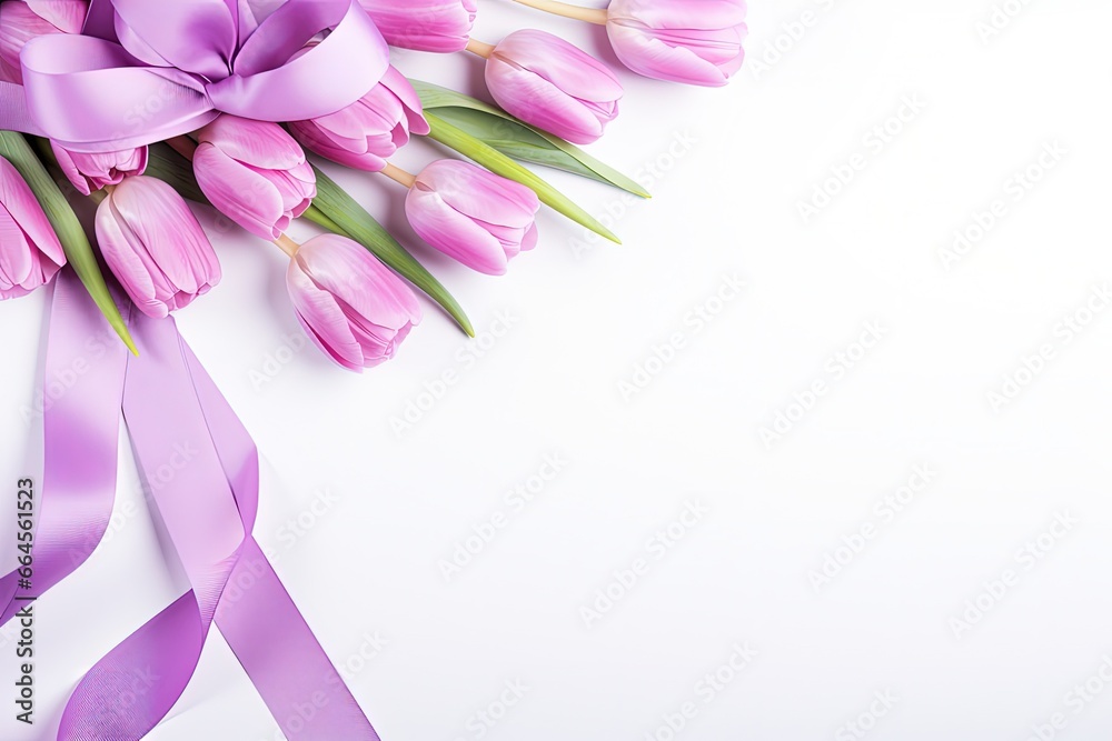 Purple Tulip Bouquet with Ribbon on White Background