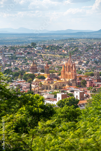 View from the viewpoint of Cathedral of San Miguel Arcángel, Parroquia de San Miguel Arcángel and plaza Allende, in of the city of San Miguel De Allende, Mexico. World Heritage Site. 