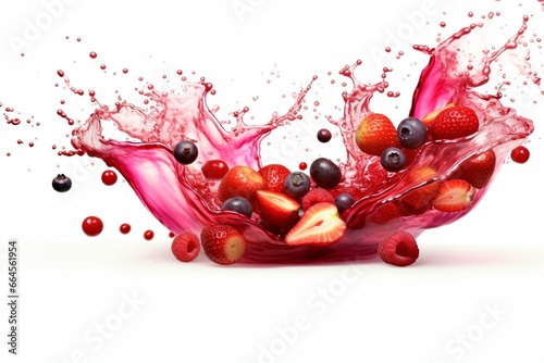 A vibrant, swirling splash of red fruit juice - strawberry, cranberry, cherry, raspberry, and pomegranate - isolated on white. Generative AI