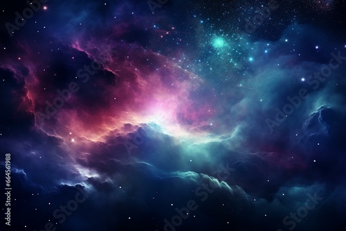 A stunning nebula shines brightly within a sparkling galaxy. Generative AI photo