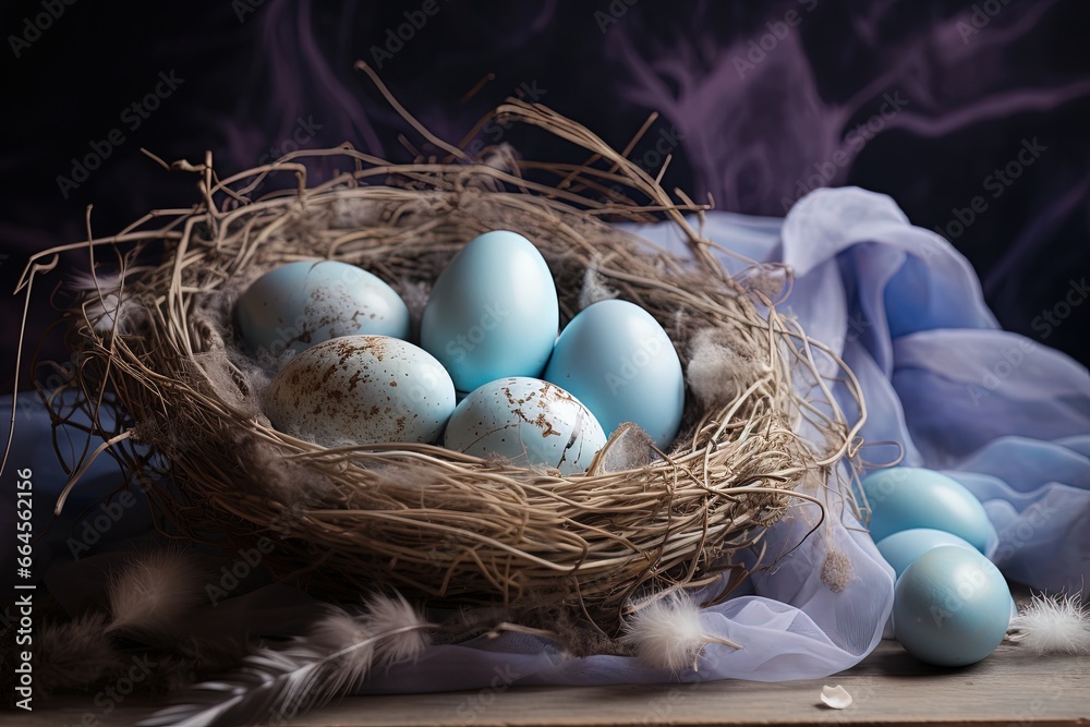 Dreamy Easter Scene with Blue Eggs and Bird's Nest