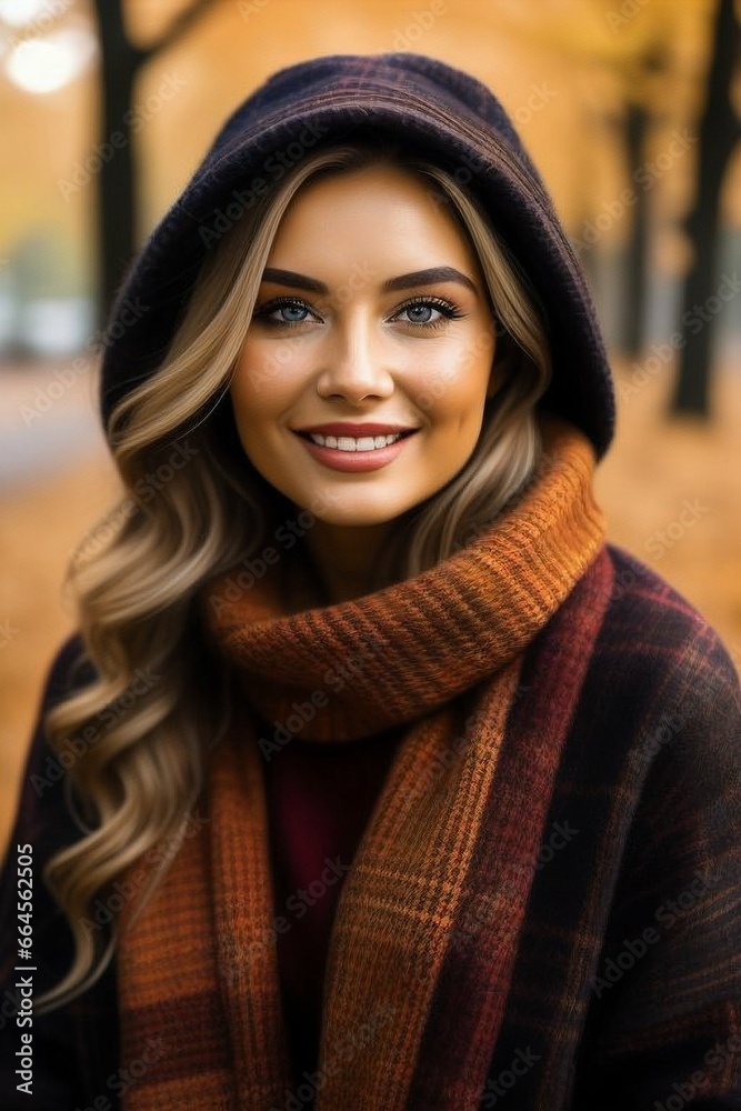 Bright portrait of a smiling young fair-haired model in warm clothes with a scarf in an autumn park Bright portrait of a smiling young fair-haired model in warm clothes with a scarf in an autumn park