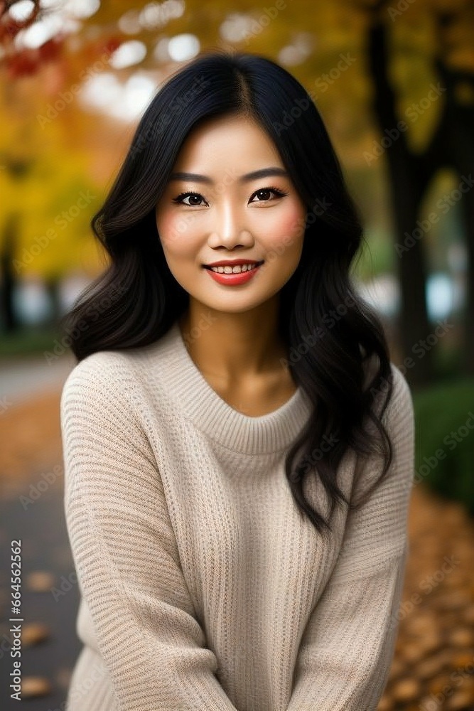 Bright portrait of a young Asian girl in a light sweater in an autumn park with yellow leaves Bright portrait of a young Asian girl in a light sweater in an autumn park with yellow leaves