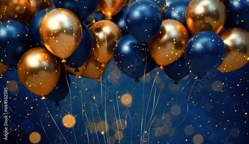 Festive balloons with golden and blue ribbons on blue background