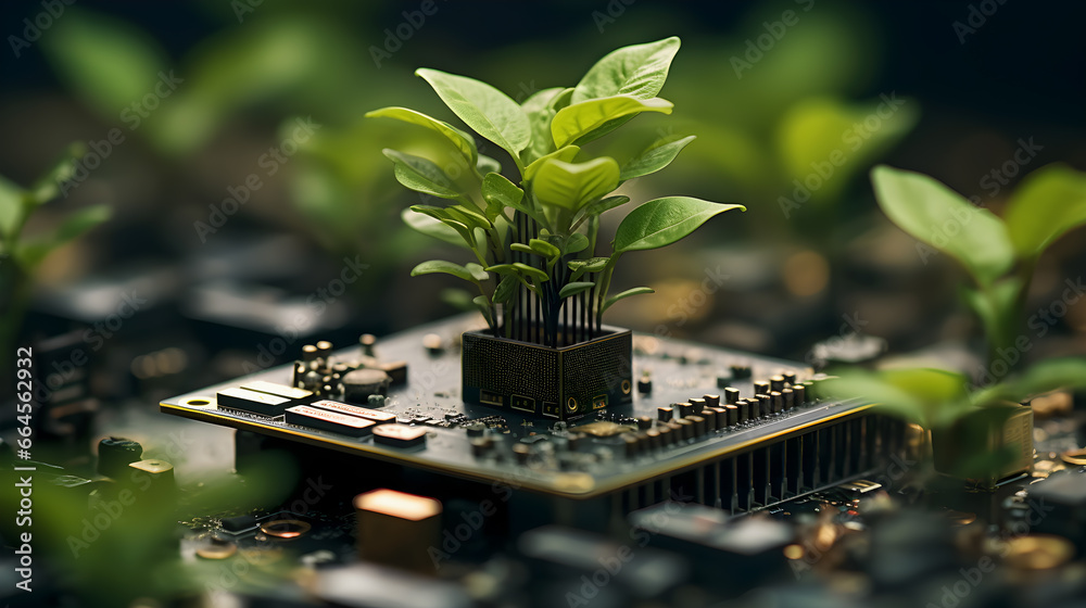 Plant Based Computer Processor, mother board, circuit board with a green plant grown inside ...