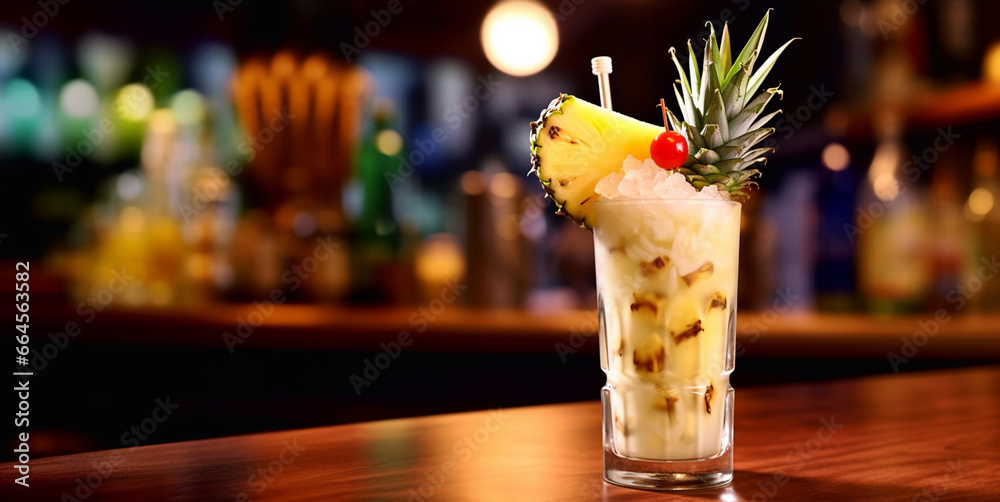 Pina colada cocktail with pineapple slice and cocktail cherry on bar counter.Macro.AI Generative - obrazy, fototapety, plakaty 
