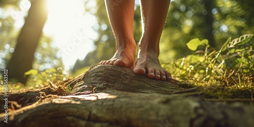 Bare Feet Gracefully Resting on a Tree Trunk, Bridging the Gap Between Human Life and the Earth, Grounded in an Eco-Friendly Connection #664563502