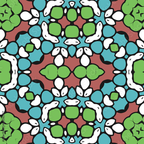 A seamless pattern with a simple diagonal decor and a contrasting palette dominated by green, blue and brown. Vector illustration