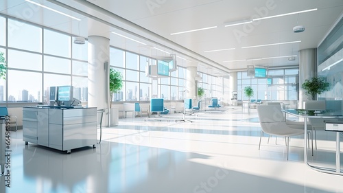 a contemporary hospital, highlighting the minimalist design, clean lines, and soothing colors that contribute to a calm and healing environment.