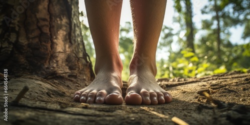 Bare Feet Gracefully Resting on a Tree Trunk, Bridging the Gap Between Human Life and the Earth, Grounded in an Eco-Friendly Connection