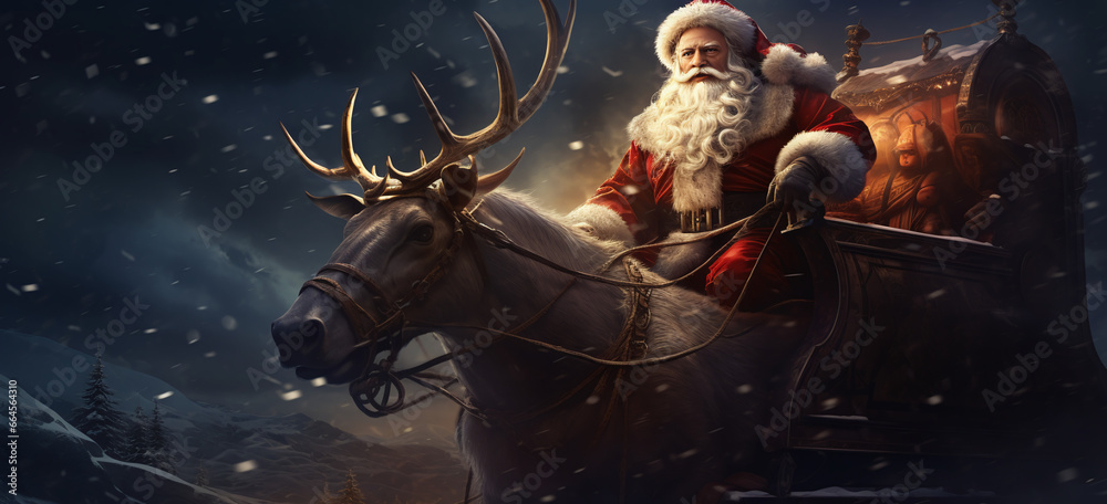 Santa Claus Seated in His Sleigh with Parked Reindeer for the Winter Months