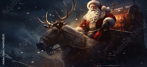 Santa Claus Seated in His Sleigh with Parked Reindeer for the Winter Months photo