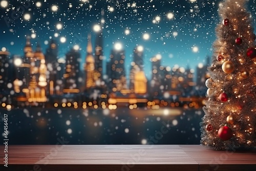 Festive city scene with bokeh and blur effect as background for products, text and logos. Magical and snowy for Christmas. © Мария Фадеева