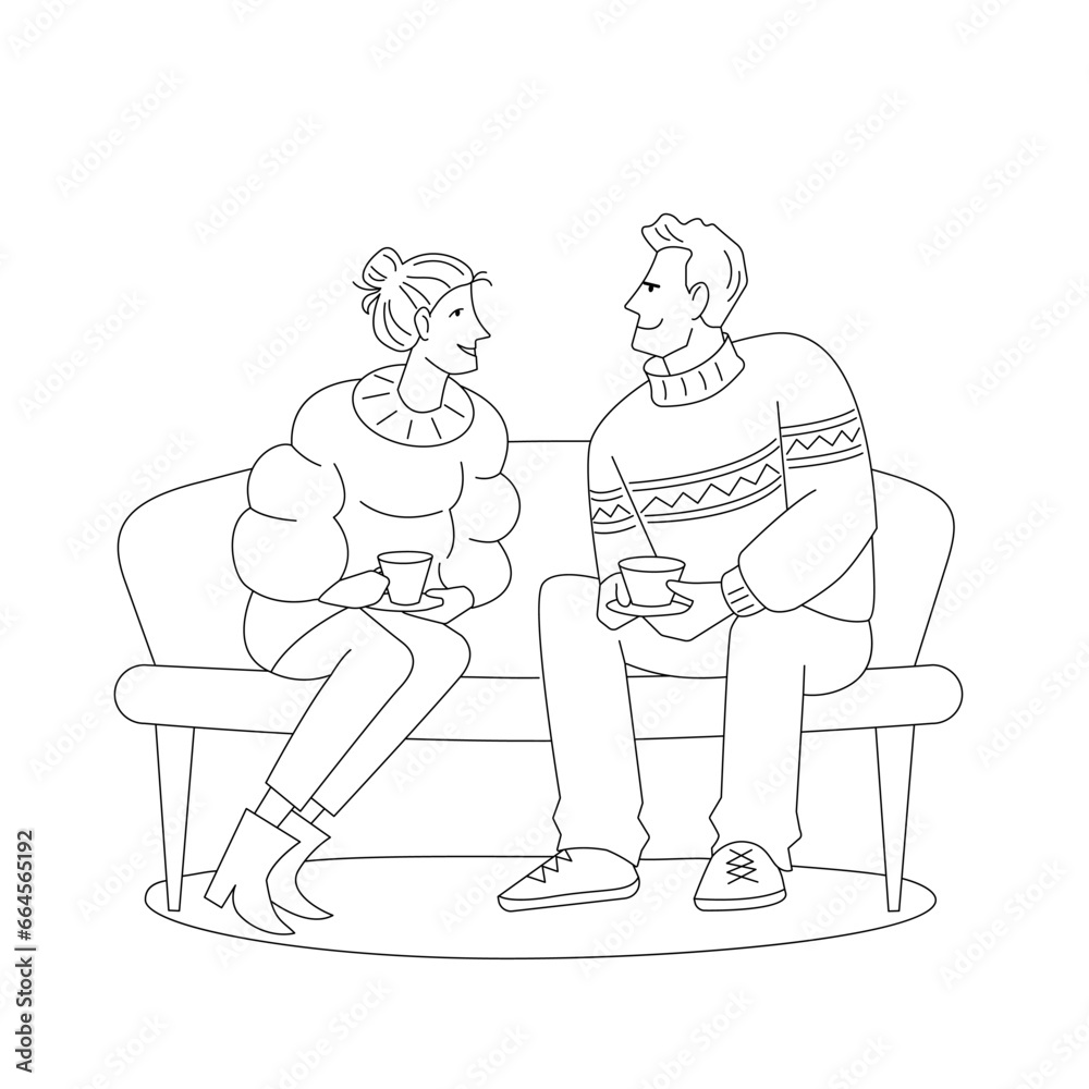A man and a woman in love are sitting on a couch and holding a cup of drink. Vector isolated  illustration in line art style.