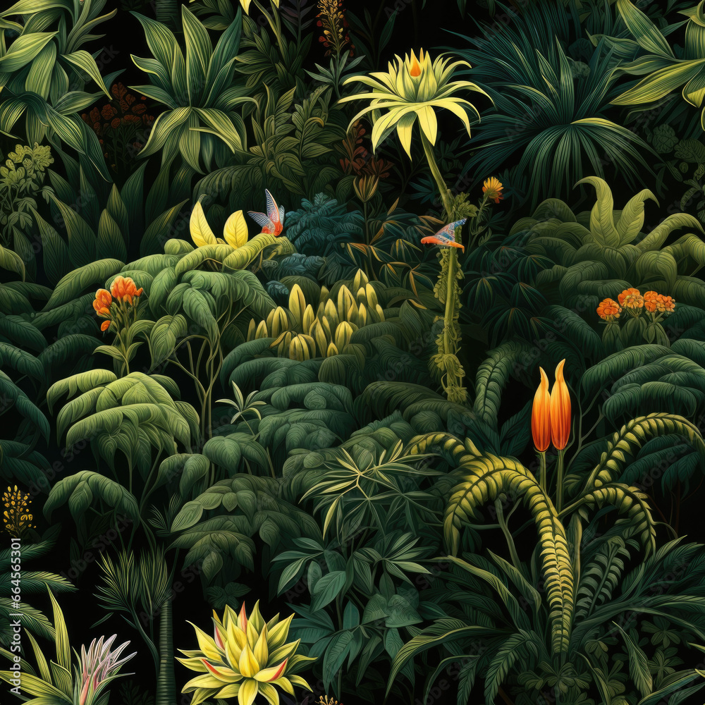 Exotic jungle seamless pattern in color, dark background with various tropical plants, realistic detail, dark green and yellow. Exotic jungle seamless pattern in color, dark background with various tropical plants, realistic detail, dark green and yellow.