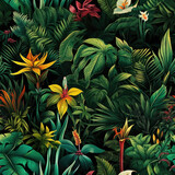 Exotic jungle seamless pattern in color, dark background with various tropical plants, realistic detail, dark green and yellow.