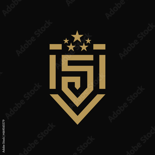 modern elegant royal luxury abstract letter S or number five with five stars and pentagon seal shield sticker stamp label badge emblem sticker and gold color with black dark background logo design