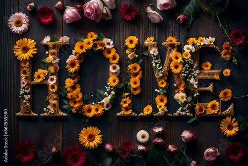 Flowers spell the word home on wooden background