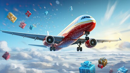 Merry Christmas and Happy Holidays greeting card, frame, banner. New Year. Christmas ornaments and gift on plane, background.