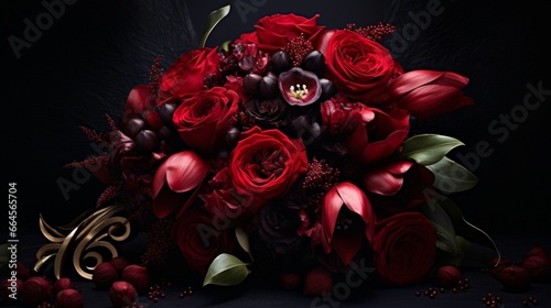 a dramatic composition with dark  moody lighting  showcasing a bouquet of deep red peonies and black calla lilies.