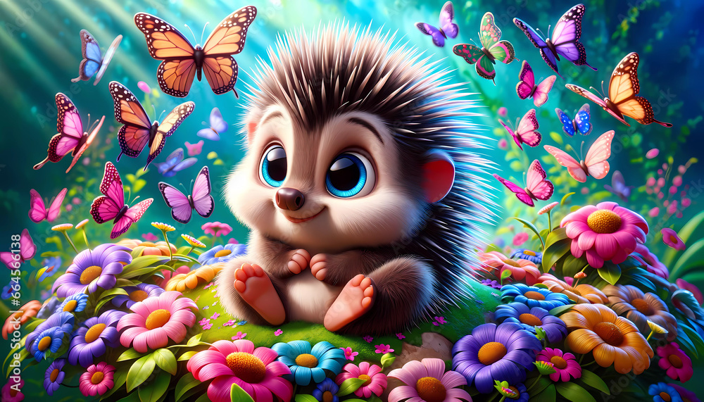 Enchanted Glade: Hedgehog Amidst the Fluttering Butterflies