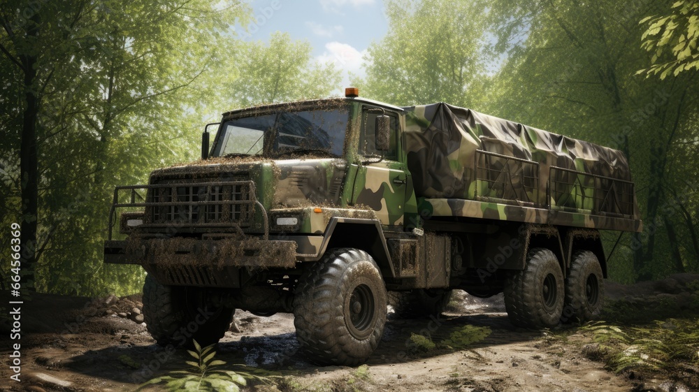 Fototapeta premium a military vehicle in full camouflage coloration, blending seamlessly into its natural surroundings, exemplifying the essence of tactical concealment.